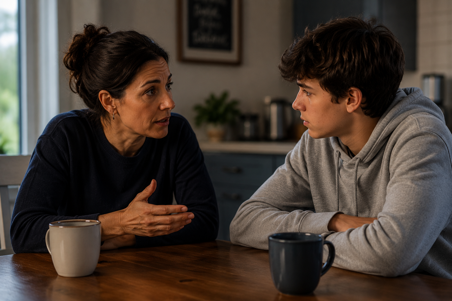 Parent and teen having a serious conversation at a kitchen table